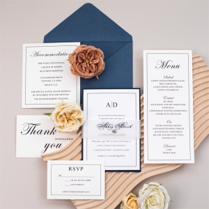 Elegant Affordable Navy Blue Wedding Invitations with Vellum Band DFR017