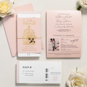 Gold Foil Destination Wedding Passport Invitations with 3D Airplane Tag RWSNT023