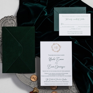 Gold Foil Monogram and Green Letterpress Wholesale Wedding Invitation RLFI003