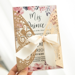 Elegant Floral Butterfly Laser Cut Quinceanera Invitation with Ribbon RWPL0231