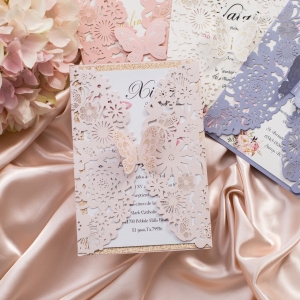 Elegant Blush Flower Laser Cut Quinceanera Invitation with 3D Butterfly RWPL0073
