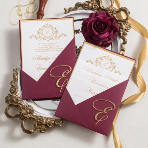 Elegant Burgundy Pocket And Gold Foiled Invitation Card with 3D Acrylic Stickers RWSNT006 