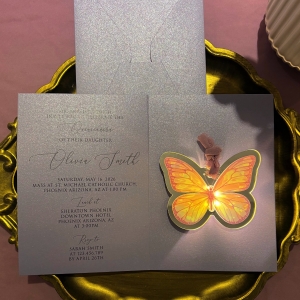 Folded Purple Quinceañera Card with LED Butterfly Tag Invitation Suite RACRL009
