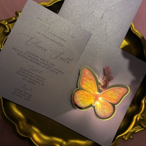 Folded Purple Quinceañera Card with LED Butterfly Tag Invitation Suite RACRL009