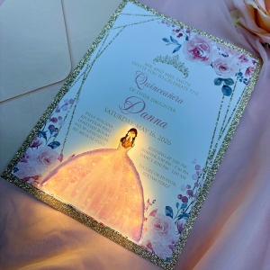 Blush Floral Flat Quinceañera Card with LED Princess Tag Invitation Suite RACRL008