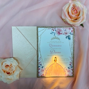 Blush Floral Flat Quinceañera Card with LED Princess Tag Invitation Suite RACRL008