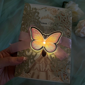 Gorgeous Glitter Laser Cut Pocket with Luminous Butterfly Tag Quinceañera Invitation Suite RACRL013