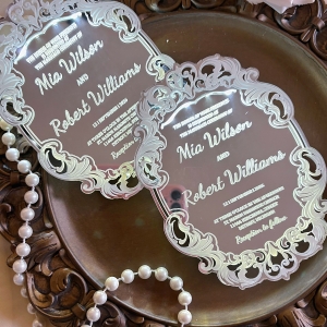 Vintage Border Unique Shape Silver Mirror Luminous Wedding Invite RACRL018
