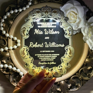 Vintage Border Unique Shape Silver Mirror Luminous Wedding Invite RACRL018