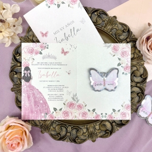 Pink Folded Cinderella Quinceañera Invitation with Glow Butterfly Tag RACRL039