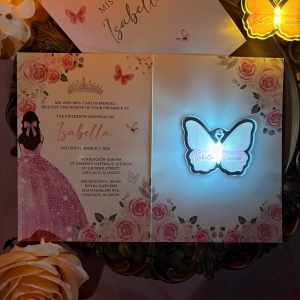 Pink Folded Cinderella Quinceañera Invitation with Glow Butterfly Tag RACRL039