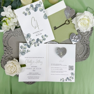 Eucalyptus Leaf Folded Invitation Set with Glowing Heart Tag RACRL041