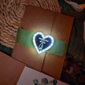 Rustic Three-Fold Kraft Wedding Invitation with Personalized Glowing Heart Tag RACRL047
