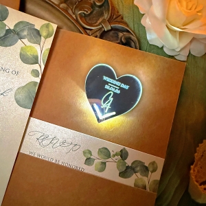 Rustic Three-Fold Kraft Wedding Invitation with Personalized Glowing Heart Tag RACRL047