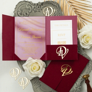 Burgundy Velvet Pocket with Acrylic Invitation & 3D Acrylic Stickers RWSNT001