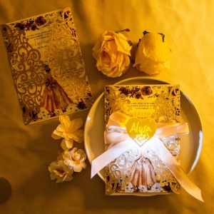 Elegant Gold Laser Cut Pocket with Glowing Love Tag Quinceañera Invitation Suite RACRL060