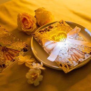 Elegant Gold Laser Cut Pocket with Glowing Love Tag Quinceañera Invitation Suite RACRL060