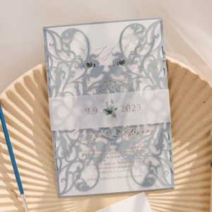 Elegant Champagne Rectangle Tri-fold Laser Cut Wholesale Wedding Invitation Suite WSWL0073 (WPFB2138)
