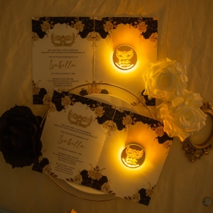 Mask-Themed Folded Quinceañera Invitation with LED Tag RACRL065