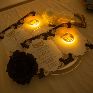 Mask-Themed Folded Quinceañera Invitation with LED Tag RACRL065