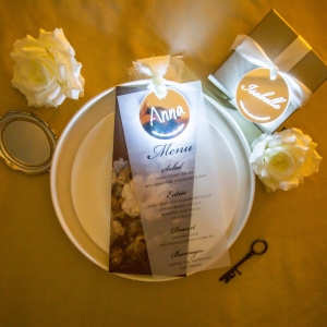 Double-Layered Vellum Paper Menu with Glowing Round Tag RFGC011