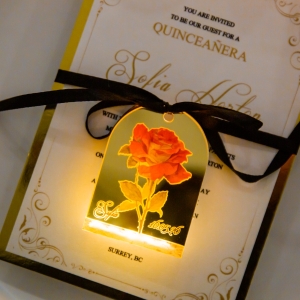 Beauty and the Beast Theme Quinceañera Invitations with Glowing Rose Tag RACRL057