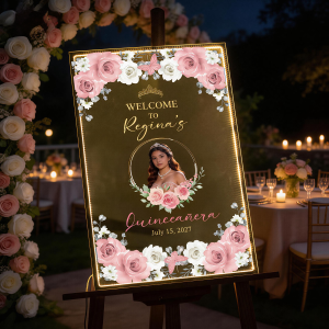Quinceañera Floral Photo Mirror LED Welcome Sign RFGBC059