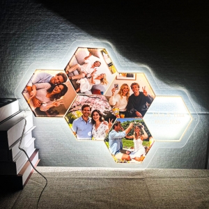 Vibrant Hexagon-Shaped Multi-Photo Collage Display Sign RFGPS009