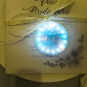 Elegant Blue Vellum Wedding Invitation with Glowing Photo Tag RACRL063