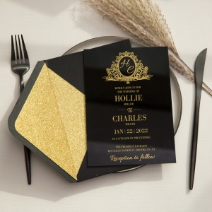 Black Acrylic Wedding Invitation With Gold Screen Printing BACR01