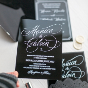 Elegant White Calligraphy Black Acrylic Wedding Invitation BACR05
