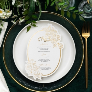 Luxury Oval Shape Gold Foil Printing Menu Card with Customized 3D Name Tag RDPM019