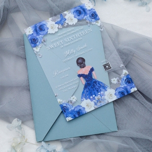 Elegant Blue Princess And Floral Quinceanera Acrylic Invitations RACRXV002