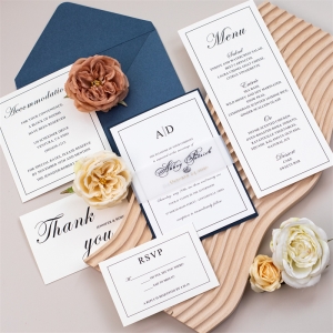 Elegant Affordable Navy Blue Wedding Invitations with Vellum Band DFR017