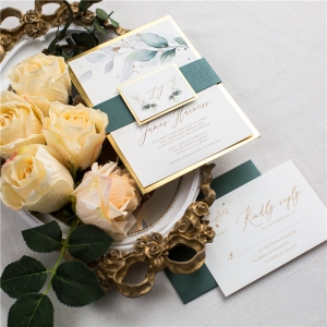 elegant greenery botanical wedding invite with gold mirror paper backer DFR007