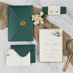 elegant greenery botanical wedding invite with gold mirror paper backer DFR007