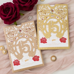 Beauty And The Beast Quinceanera Invitation with Horse Shoe Laser Cut Pocket RWPL0198