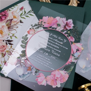 Greenery And Pink Floral Wreath Quinceañera Acrylic Invitations RACRXV008