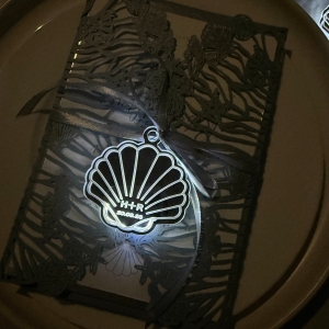 Elegant Laser Cut Pocket with Glowing Shell Tag for Wedding Invitation Suite RACRL076