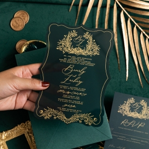 Vintage Foiled Shaped with UV Printed Green Back Acrylic Wedding Invitation RDACR13