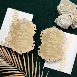 Elegant Fancy Shape Mirror Acrylic Invitations With Chic White Pattern RDACR19