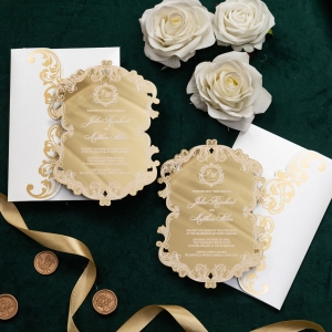 Elegant Fancy Shape Mirror Acrylic Invitations With Chic White Pattern RDACR19