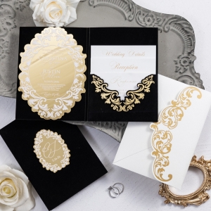 Black Velvet Gold Foil Pocket Wedding Invitation with 3D Name Tag RWSNT068