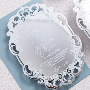 Unique Fancy Shape Sliver Acrylic Invitation With Chic White Pattern RDACR16