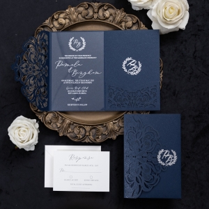 Classic Silver Printed Acrylic Wedding Invitation and Elegant Navy Pocket with 3D Monogram RWSNT059
