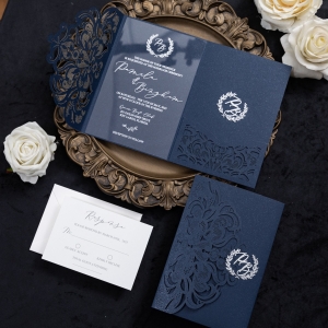 Classic Silver Printed Acrylic Wedding Invitation and Elegant Navy Pocket with 3D Monogram RWSNT059
