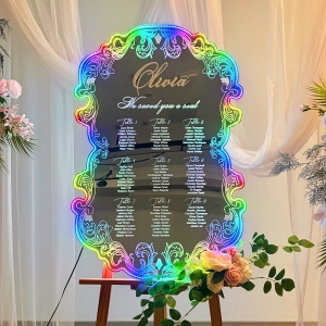 Luminous Laser Cut Silver Mirror Seating Chart with Chic Pattern RFGBC046