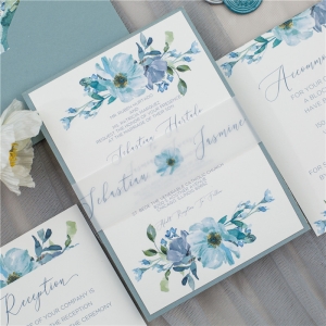 Modern Ethereal Light Blue Floral Wedding Invitation with Vellum Belly Band DFR018