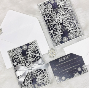 Luxury Winter Snowflake Glitter Paper Laser Cut Wholesale Wedding Invitation Suite WSWL0051
