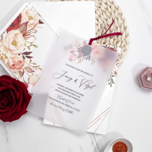 Affordable Burgundy And Blush Floral Vellum Wedding Invitation RDV0013